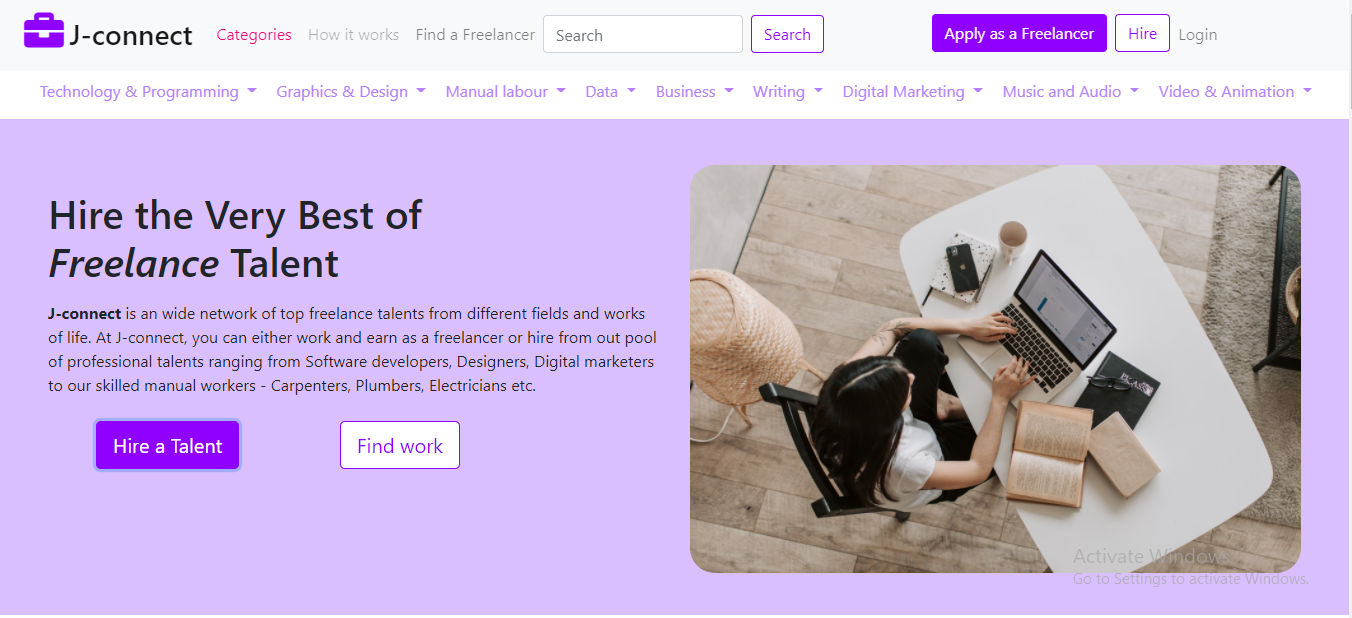 an image of a freelance web application called jconnect